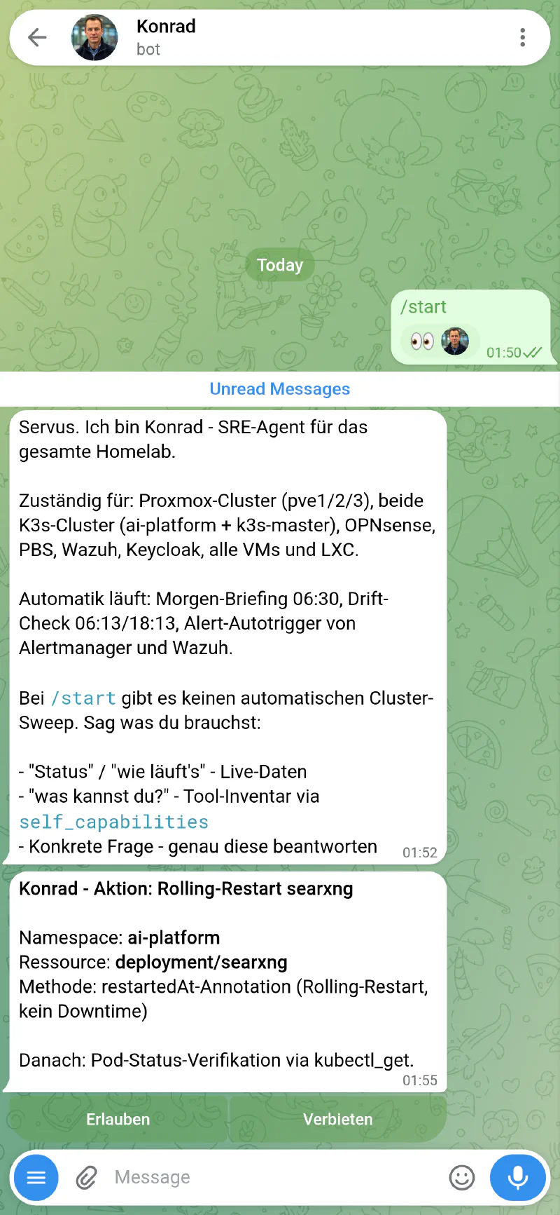 The real Konrad Telegram bot chat showing Konrad&rsquo;s searxng rolling-restart proposal with live Allow and Deny buttons, nothing yet executed
