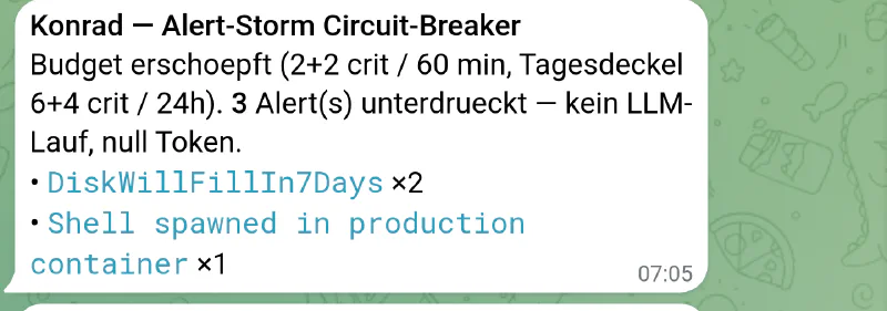 Konrad - Alert-Storm Circuit-Breaker: budget exhausted, three alerts suppressed with zero LLM runs and zero tokens - DiskWillFillIn7Days twice and a Shell-spawned-in-production-container alert, batched into a single notification instead of separate reasoning runs The real Konrad bot chat: Konrad’s storm circuit-breaker collapsing a burst of alerts into one token-free summary