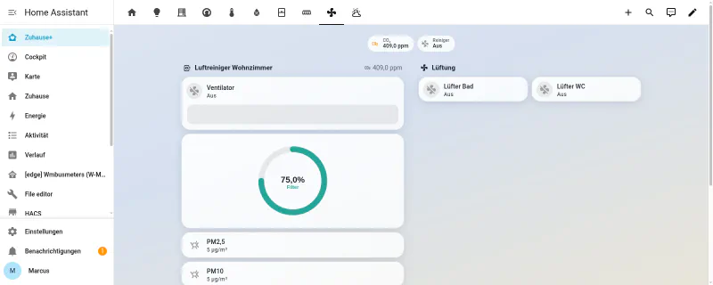 Home Assistant Zuhause+ dashboard, air quality view, light mode: living room air purifier off, filter life at 75 percent, CO2 at 409 ppm, particulate matter PM2.5 and PM10 both at 5 micrograms per cubic metre, bathroom and toilet fans off