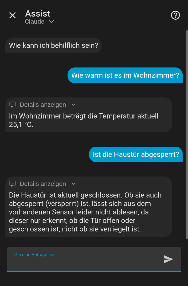 Home Assistant Assist on mobile, dark mode: asked for the living room temperature it answers 25.1 degrees; asked whether the front door is locked it explains the available sensor only reports open or closed, not locked