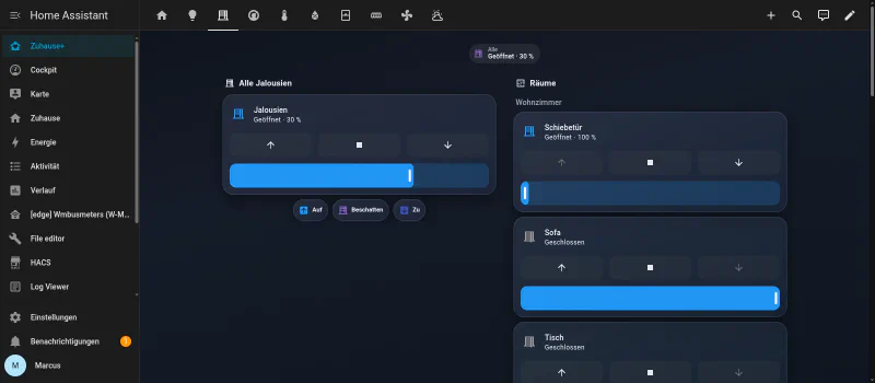 Home Assistant Zuhause+ dashboard, blinds view, dark mode: the flat-wide group at 30 percent open with up, stop and down controls, and individual room positions for the living room