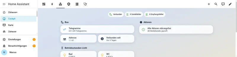 Home Assistant Cockpit, KNX tab, light mode: bus connected, 0 send errors, 0 receive errors, 221,349 telegrams, connected for three days, and an actuator tile reading all fault-free with 48 fault channels checked