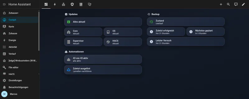 Home Assistant Cockpit dashboard, overview tab, dark mode: all updates current, backup idle with the last successful run 21 hours ago, 43 of 43 automations active