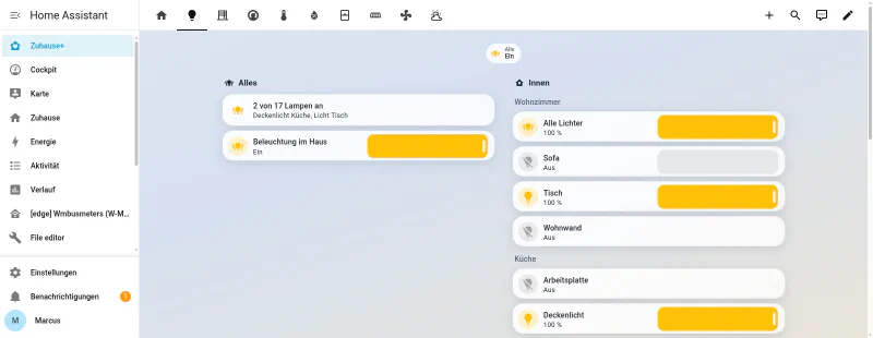 Home Assistant Zuhause+ dashboard, lights view, light mode: 2 of 17 lamps on, a master toggle for the whole flat, and per-room tiles for living room and kitchen with brightness sliders