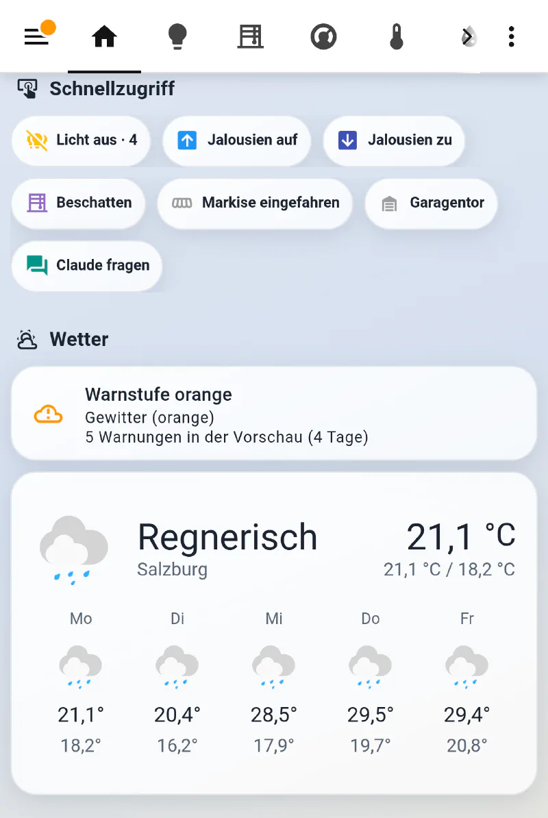 Home Assistant Zuhause+ dashboard on mobile, light mode: quick actions with an Ask Claude button among ordinary home controls
